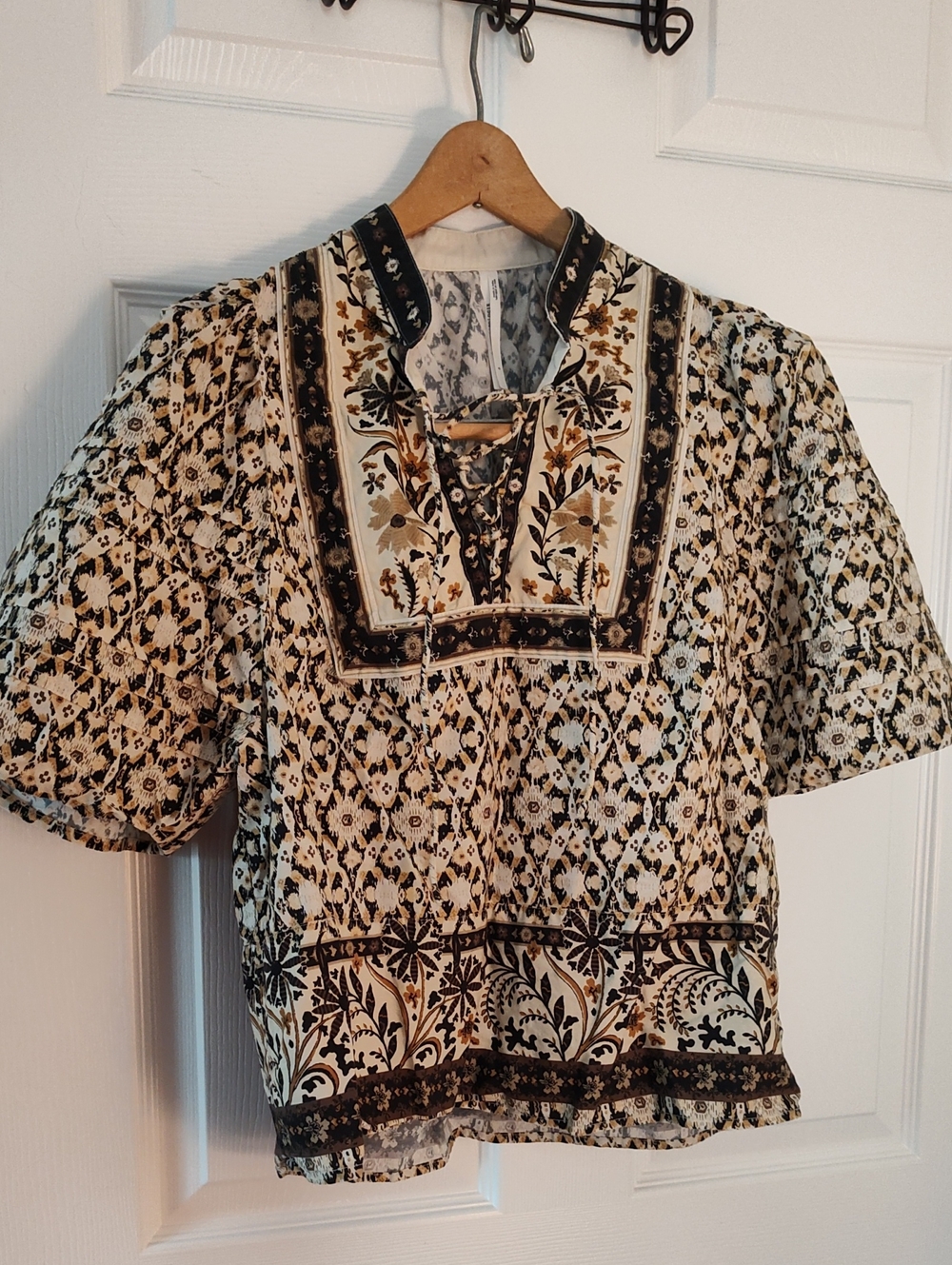 Anthropologie Lace-Up Boho Blouse in Cream and Black with Brown Accents